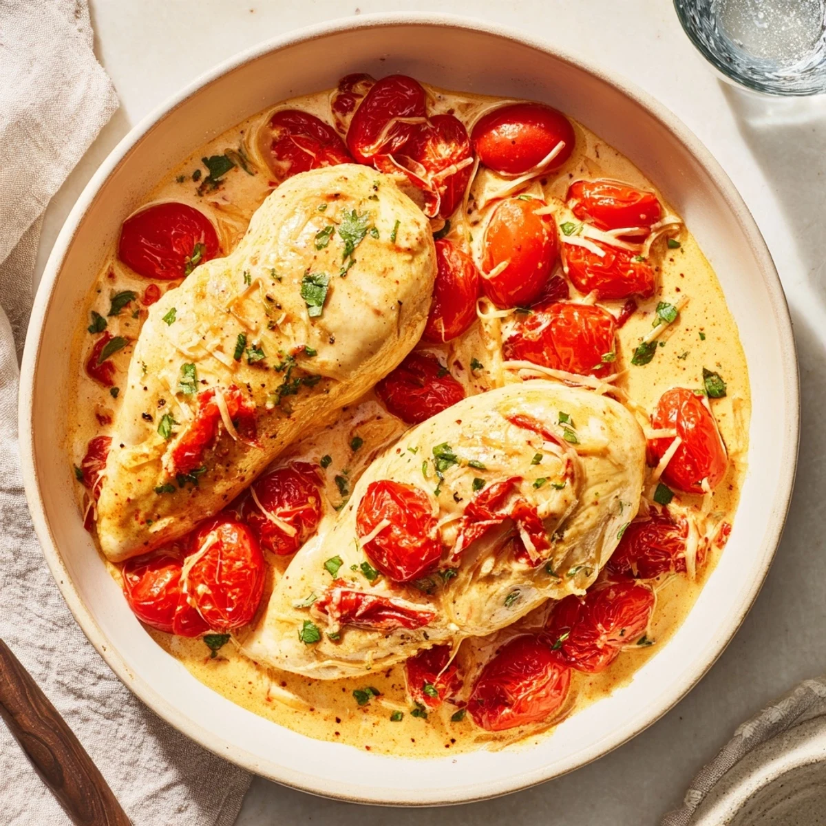 A simmering pan filled with tender Marry Me Chicken Thigh Express, fragrant herbs, and a rich, creamy sauce.
