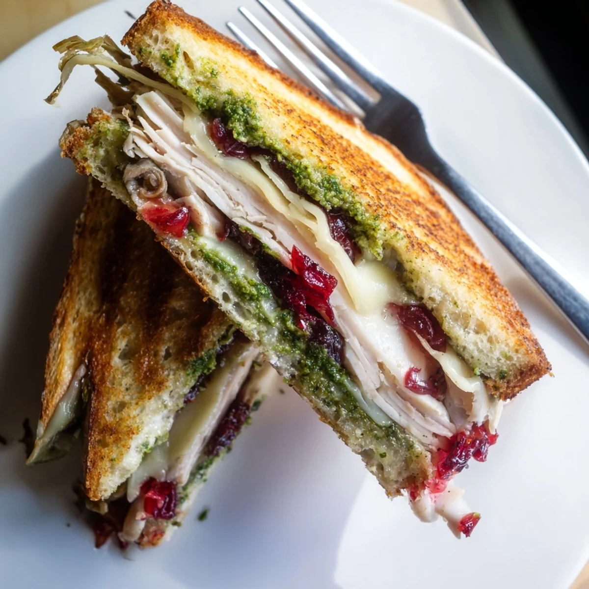 Warm, melted cheese and juicy turkey fill a Pesto Cranberry Turkey Grilled Cheese Melt sandwich, cut in half.