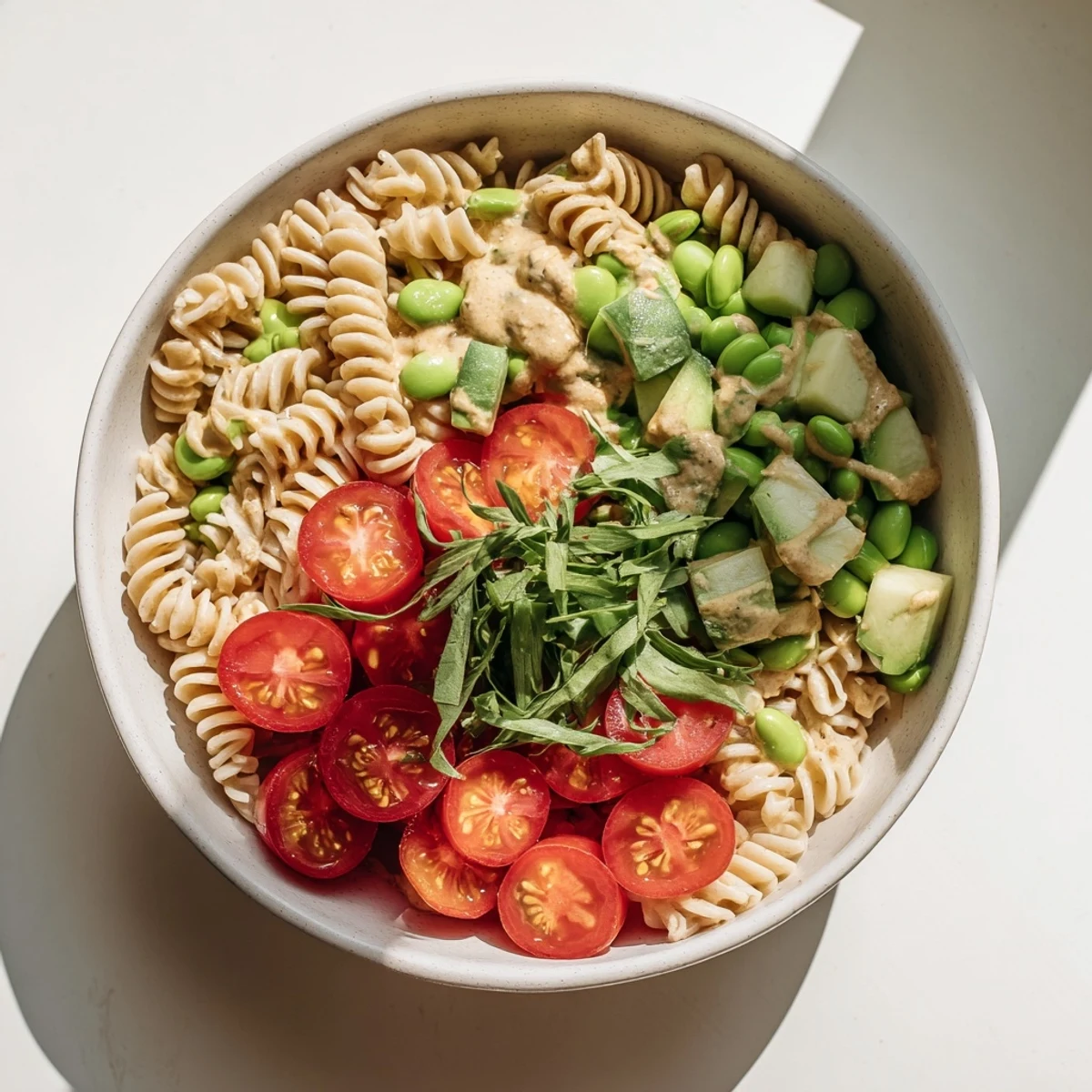 Close-up of the delicious Holiday Glow Green Goddess Protein Pasta Salad, perfect for a healthy lunch.