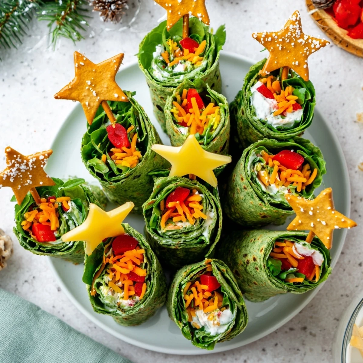 Air Fryer Christmas Tree Veggie Tortilla Wraps—crispy tortilla trees filled with colorful, fresh veggies, perfect for a party.