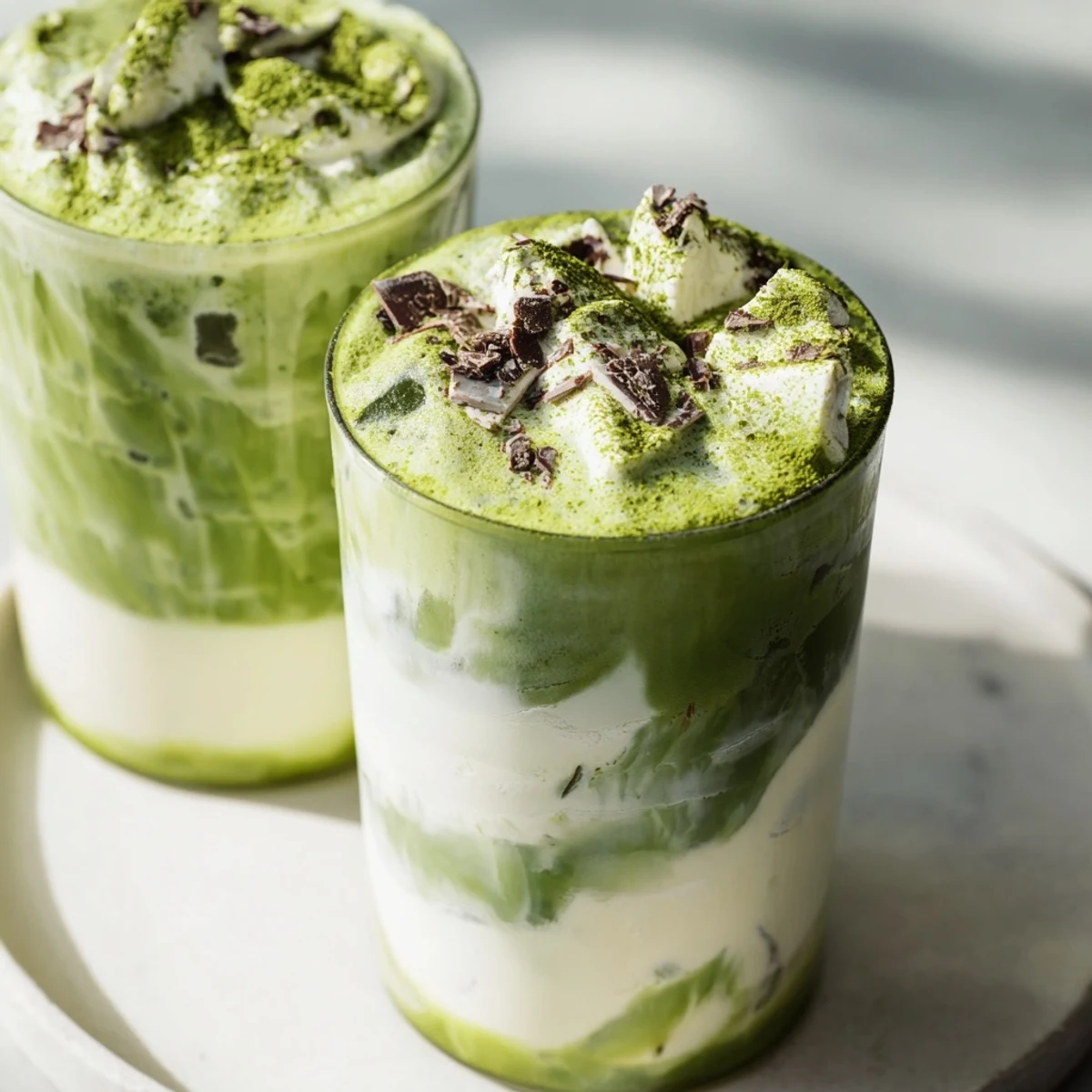 Creamy layers of white chocolate candy cane iced matcha, a festive holiday treat visually appealing.