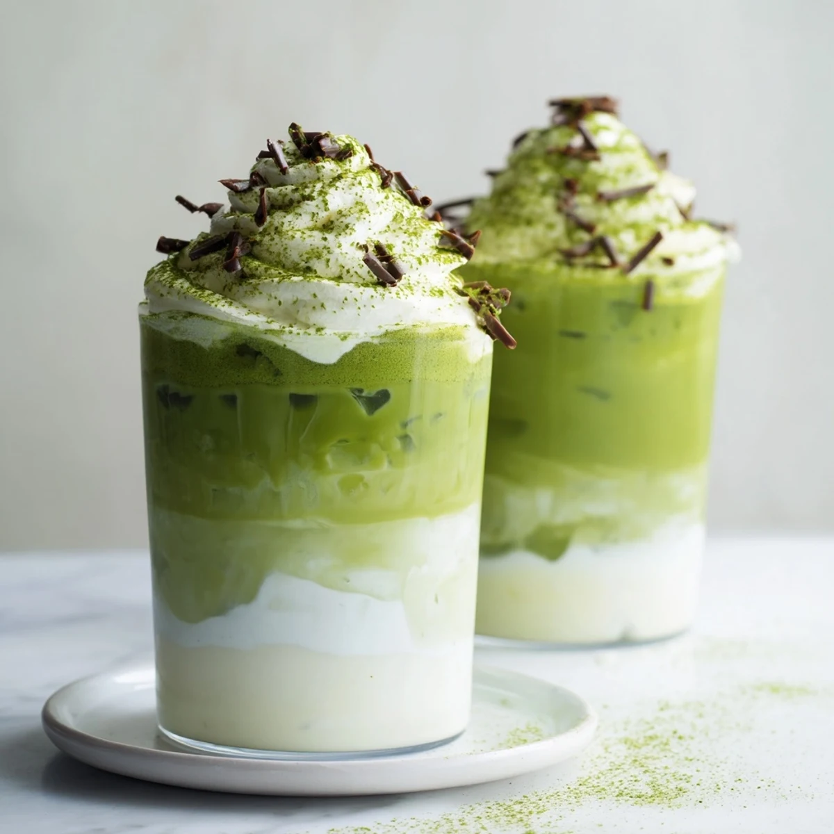 A refreshing swirl of sugar-free white chocolate candy cane iced matcha, perfect for a cool Christmas beverage.