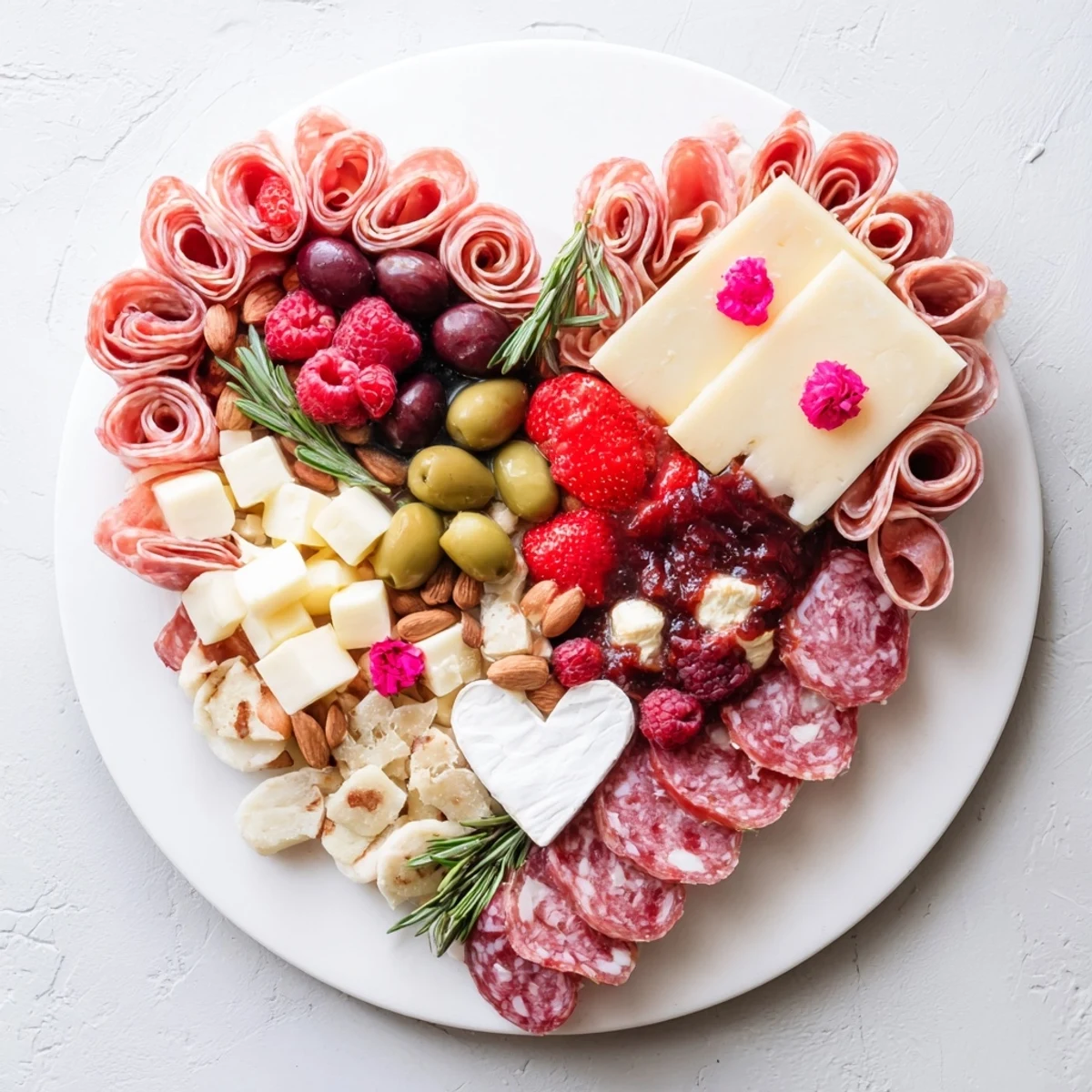 Heart-shaped charcuterie board overflowing with gourmet meats, cheeses, and fresh fruits, perfect for sharing.