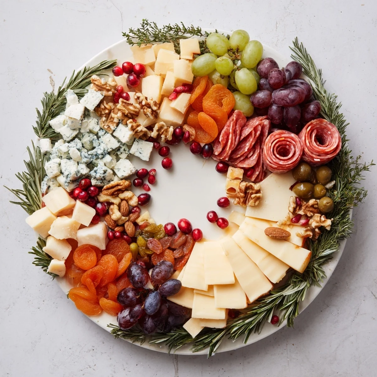 Festive Holiday Wreath Cheese Platter, a beautiful appetizer with cheeses, fruits, and fragrant herbs.