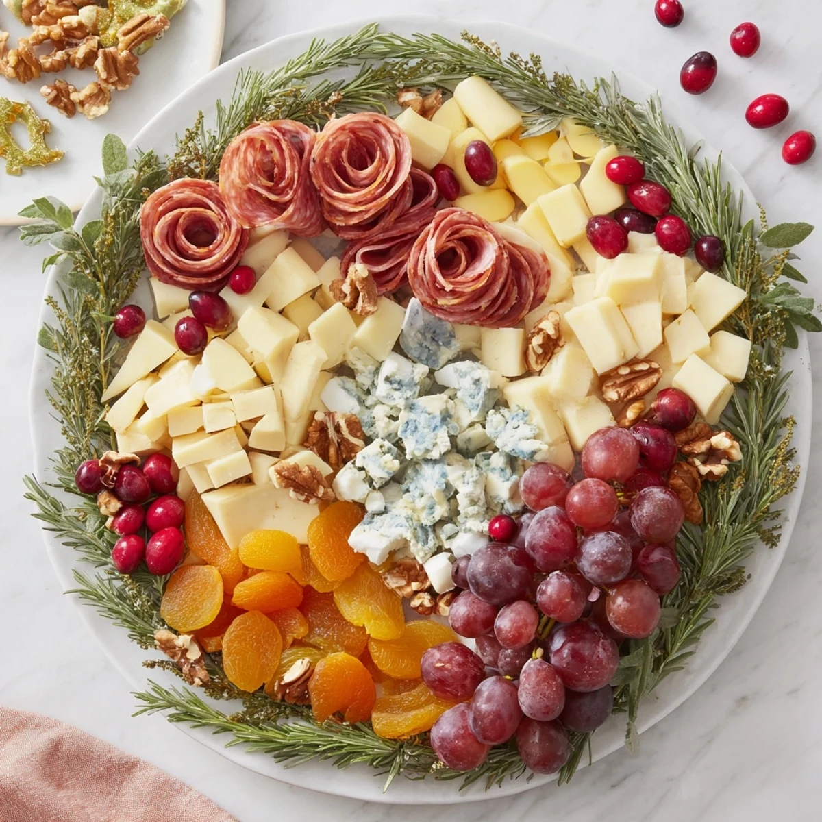 Delicious Holiday Wreath Cheese Platter, a visually appealing assortment of cheeses, meats, and fresh garnishes.