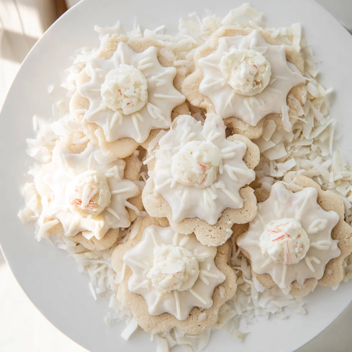 Snowflake Dessert Board glistening with white chocolate and berries, perfect for a holiday party spread.