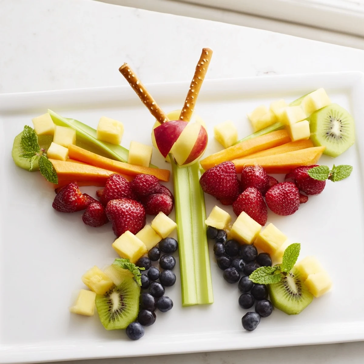 Vibrant Butterfly Fruit Tray with a rainbow of fresh, colorful fruits ready for snacking.