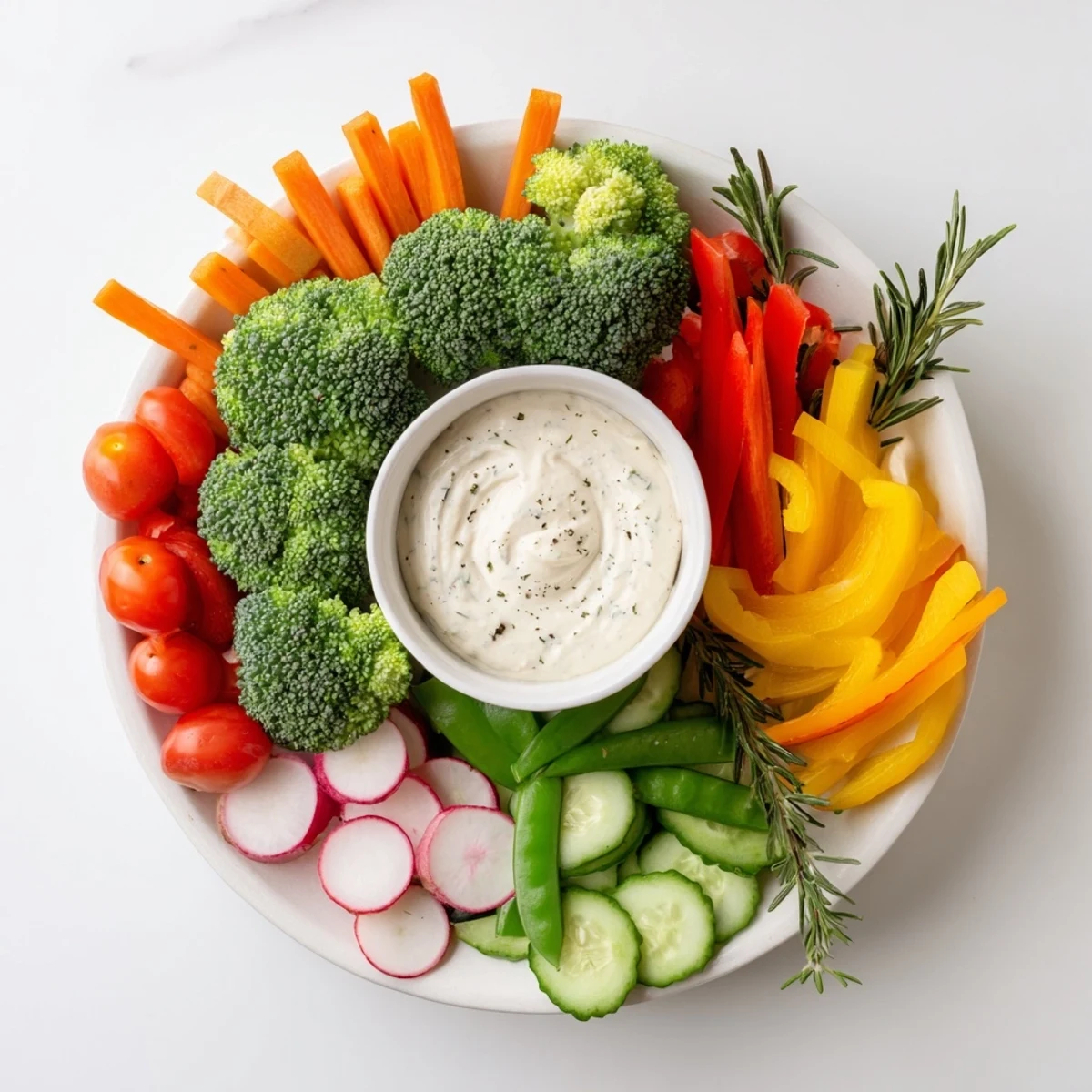 Beautiful overhead shot of Wreath Veggie Dip Platter, perfect for holiday parties, served with irresistible dip.