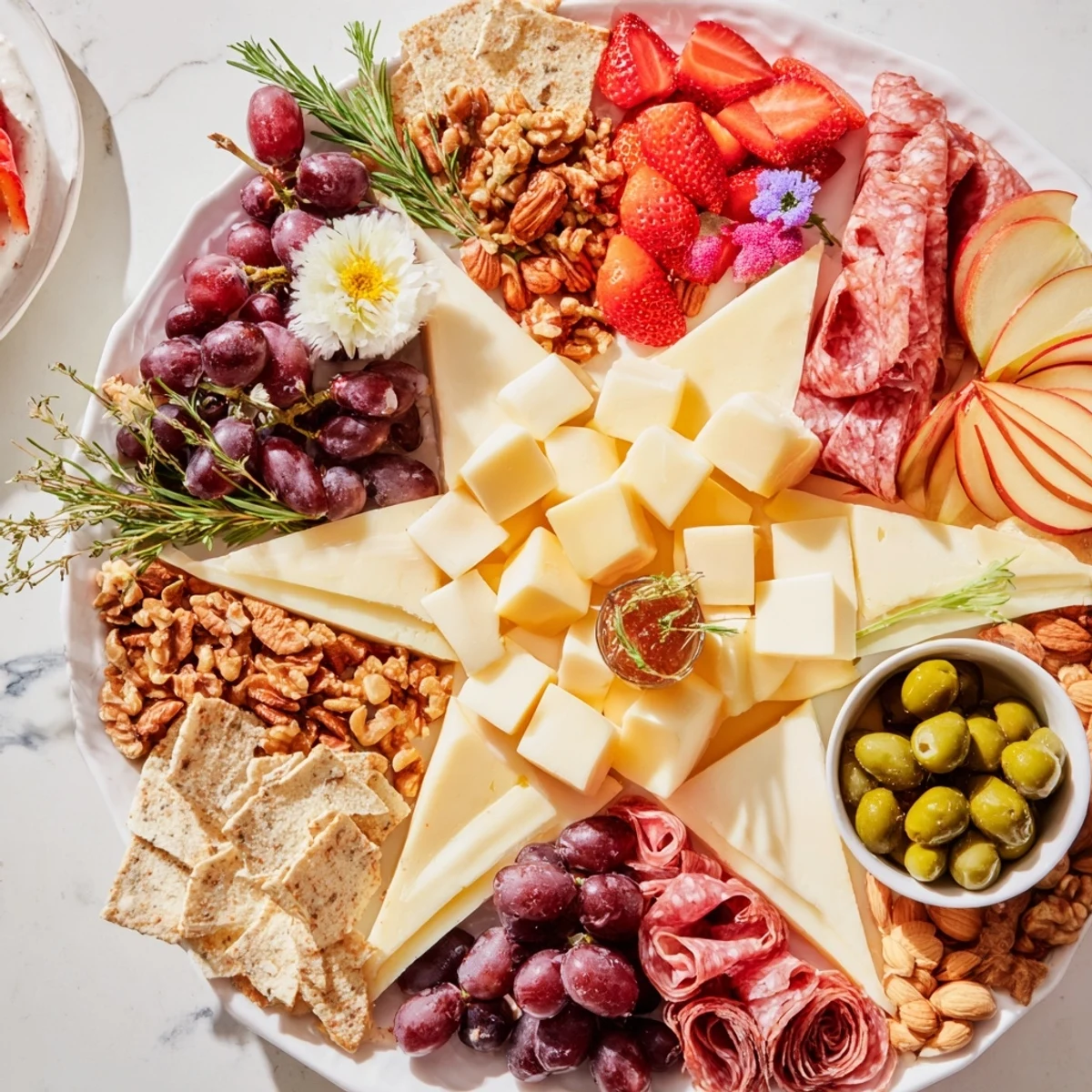 Star-Shaped Appetizer Board with vibrant fruits and cheeses ready for a holiday gathering.
