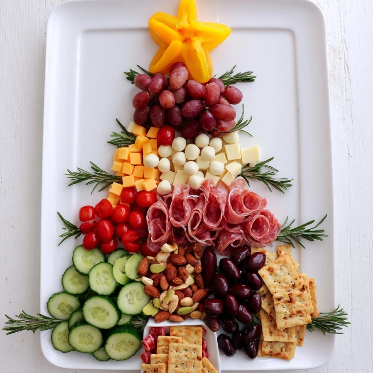 Christmas Tree Snack Board brimming with colorful cheeses, meats, fruits, and crackers for holiday enjoyment.