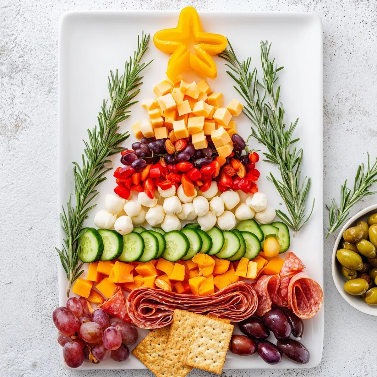 Beautiful Christmas Tree Snack Board: imagine the vibrant, delicious array of cheese and meat on this platter.