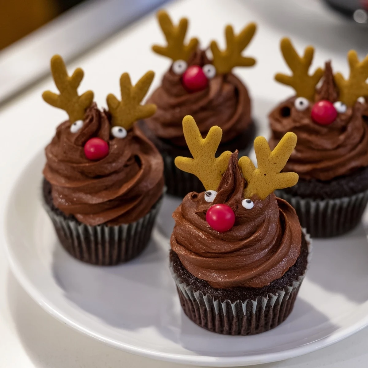 Festive reindeer holiday dessert platter showcases chocolate reindeer cupcakes with gingerbread antlers and mousse.