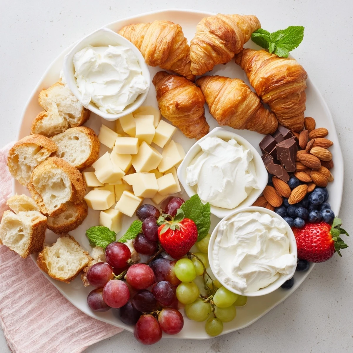 A beautifully arranged Gift Box Brunch Board featuring croissants, berries, cheese, and chocolate squares, so delicious.