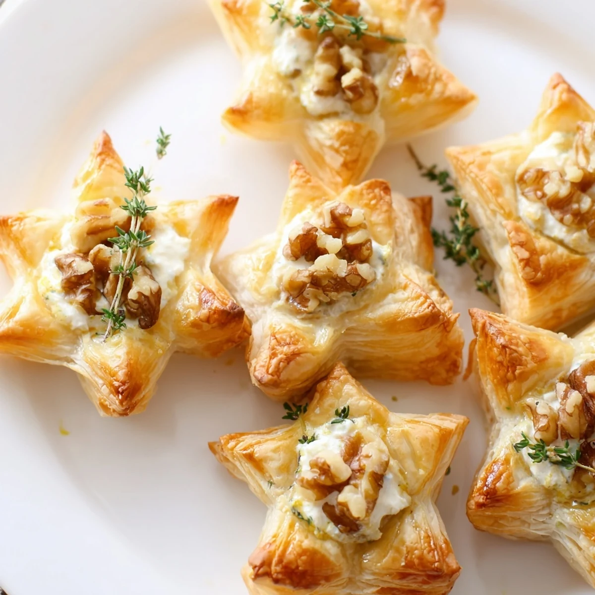 Golden puff pastry Starry Night New Years Appetizers decorated with honeyed goat cheese and walnuts, delicious for New Years.