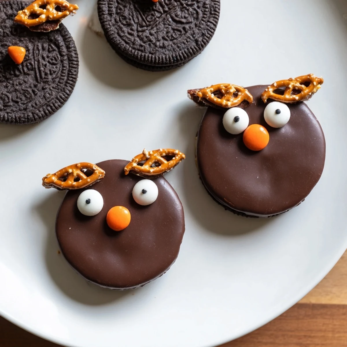 Close-up of a charming Hoot Hoot Owl-Themed Treat Tray with chocolate bark "branches" and fruit owls.