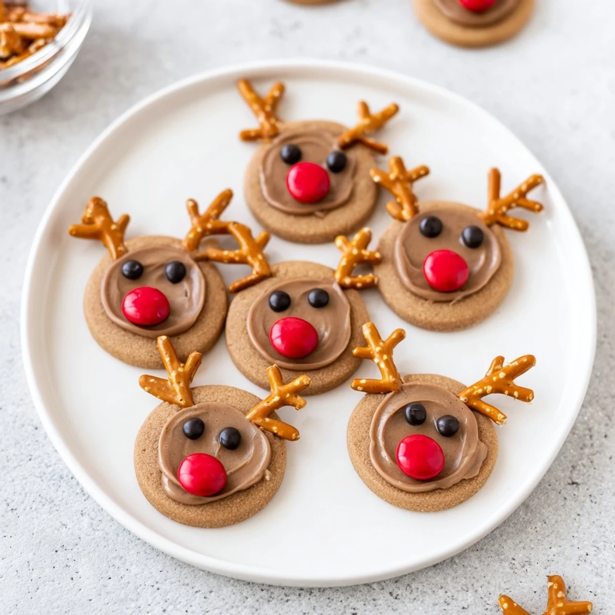 Close-up of festive Santa's Reindeer Cookie Platter, showcasing decorated sugar cookies with pretzel antlers.