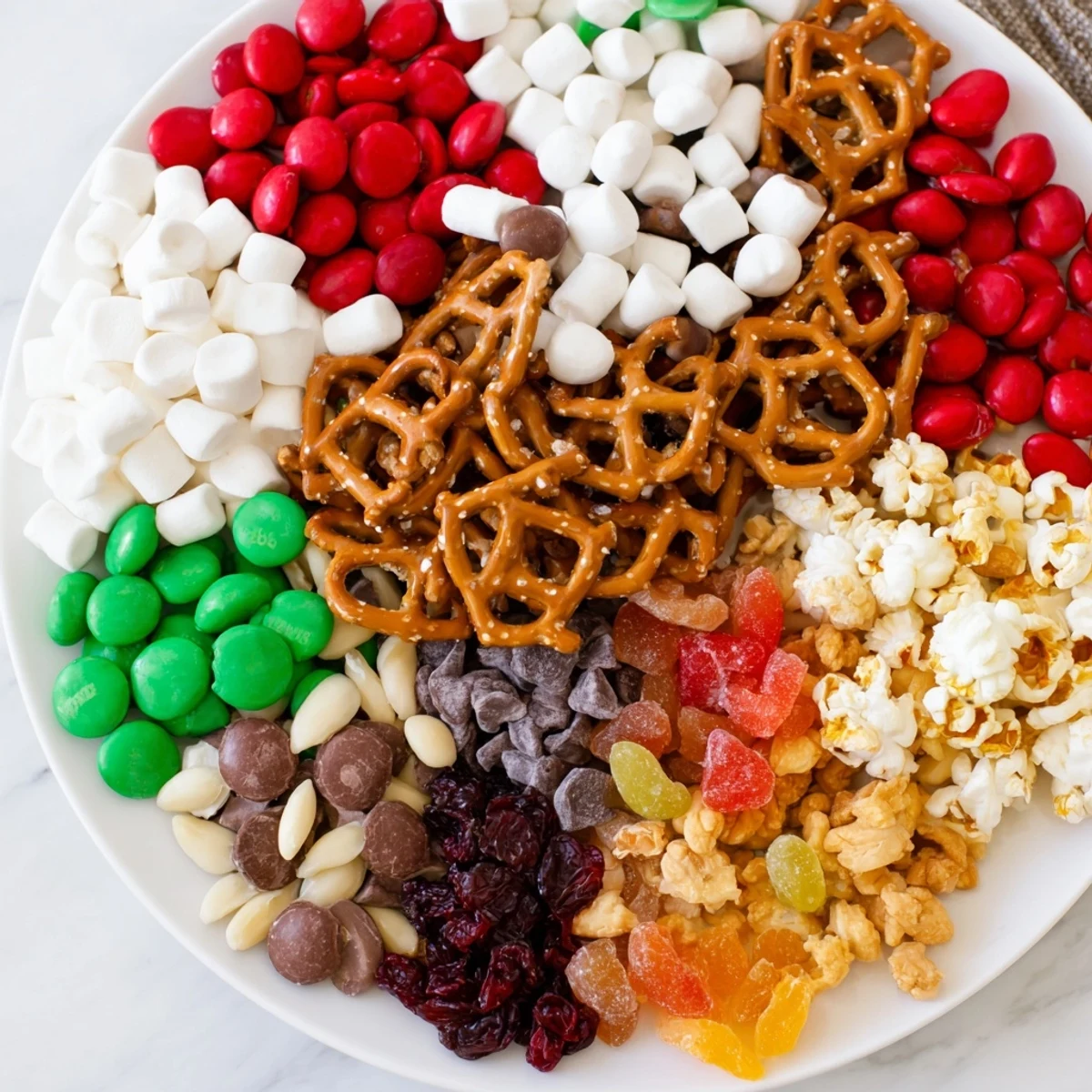 Vibrant Elf Snack Trail Mix board overflowing with colorful candies and crunchy pretzels for snacking.