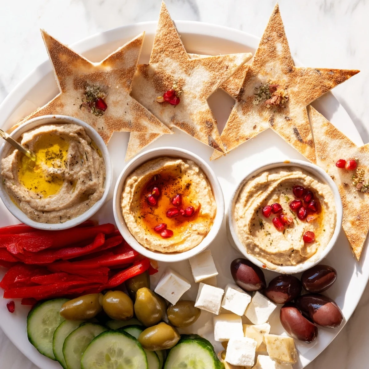 This beautifully arranged Three Kings Star Pita Board showcases delicious pita stars, colorful dips, and fresh, healthy ingredients perfect for your next party.