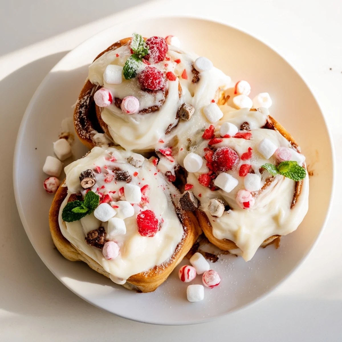 A delightful North Pole Cinnamon Roll Board, showcasing fluffy rolls, berries, and mint for a festive brunch.