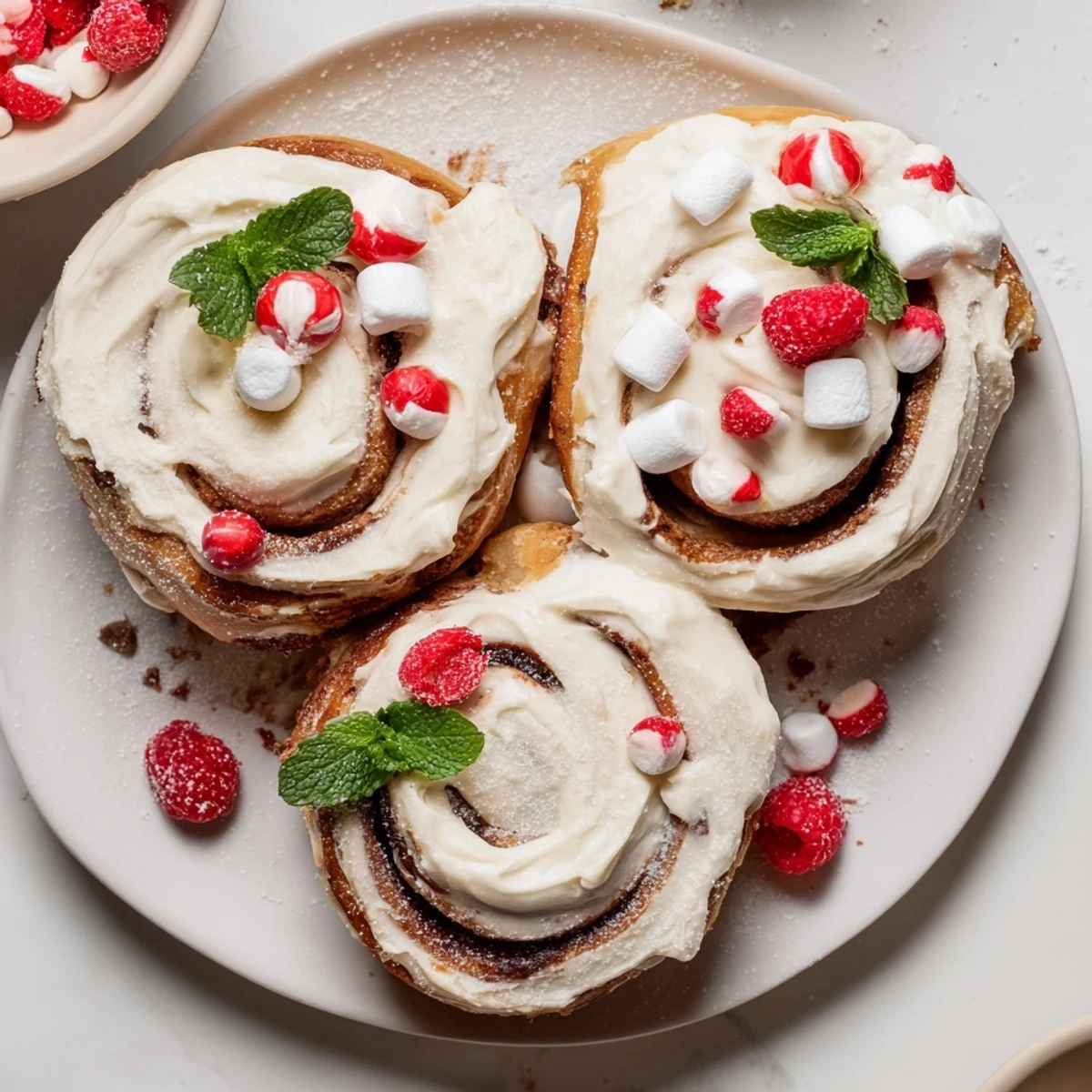 Soft, frosted North Pole Cinnamon Roll Board is piled high with sweet rolls and festive toppings.