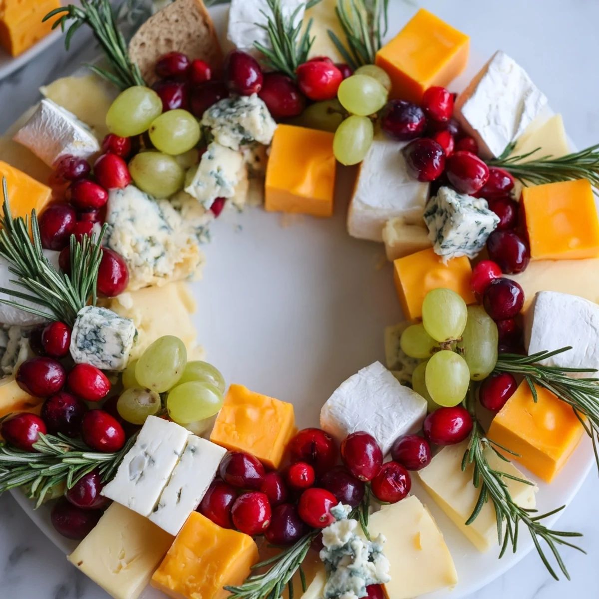 Get ready for a delicious Holiday Wreath Cheese Ring with a dazzling array of cheeses, fruit, and rosemary sprigs.