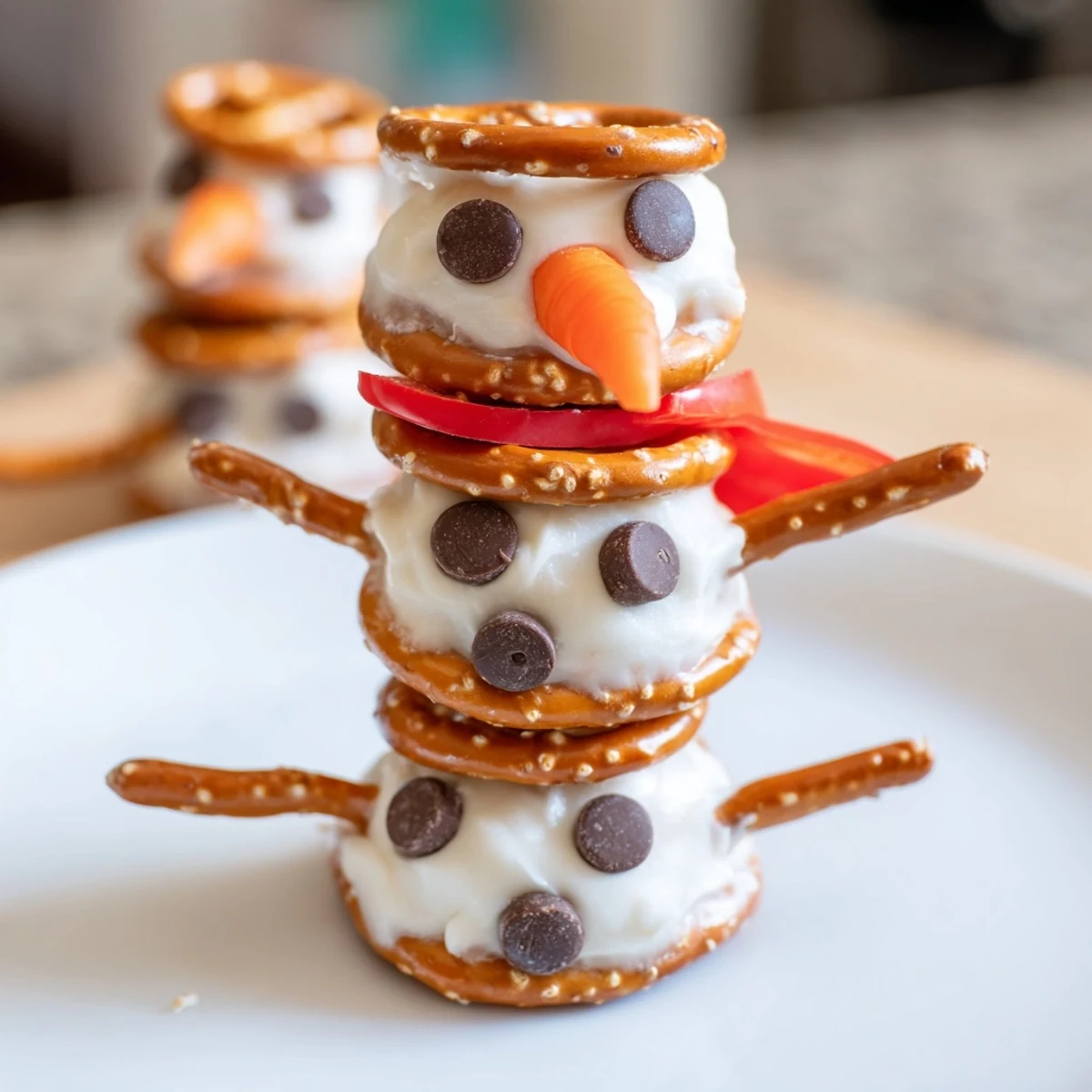 Snowman pretzel and dip platter: festive pretzels shaped like snowmen surrounded by savory creamy dips.