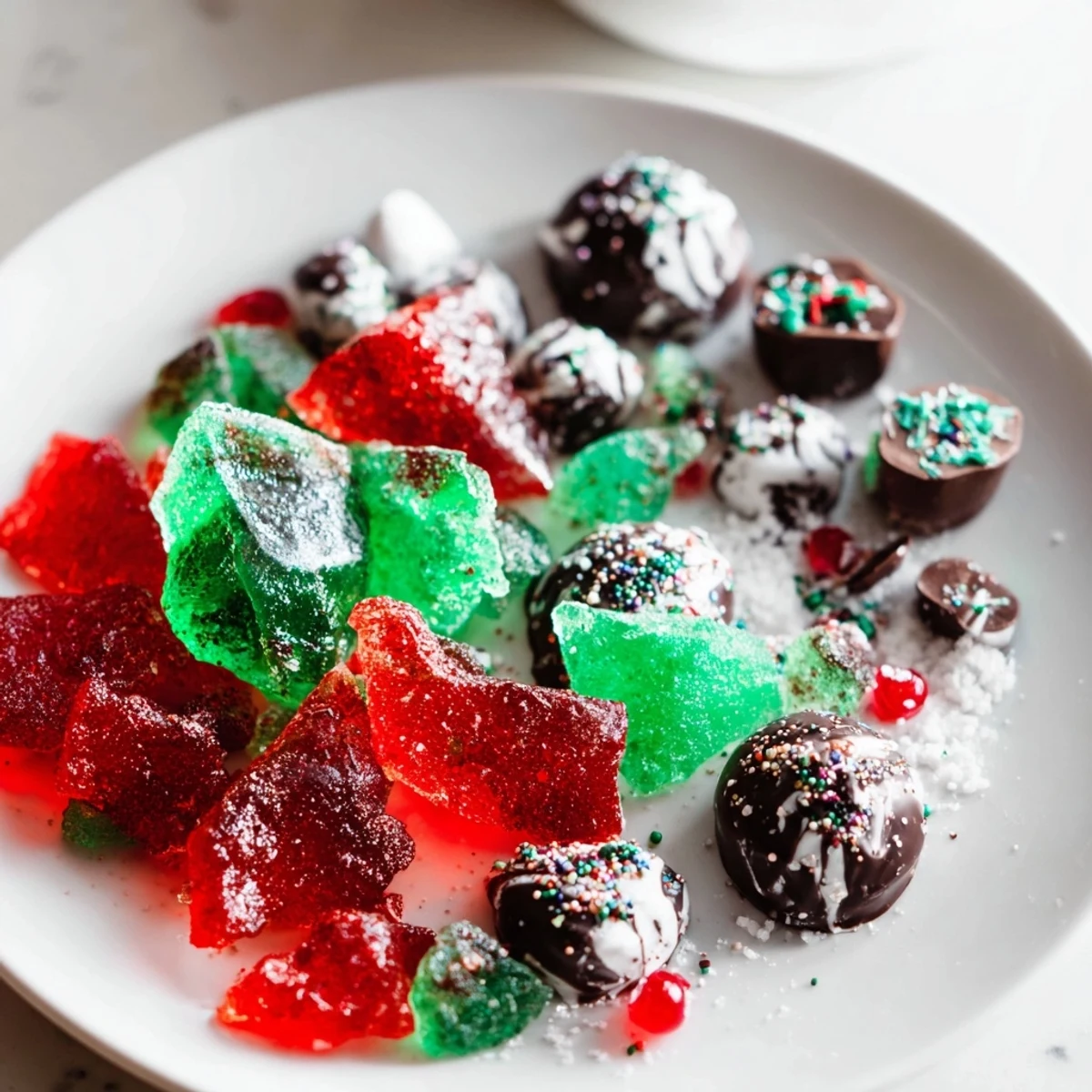 Vibrant Jingle Bell Rock Candy Display, speckled with sparkling sugar, offers holiday dessert inspiration.