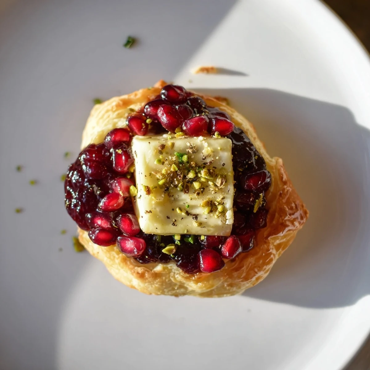 Golden Fireworks Brie Tartlets with melted Brie, colorful preserves, and fresh herb garnish.