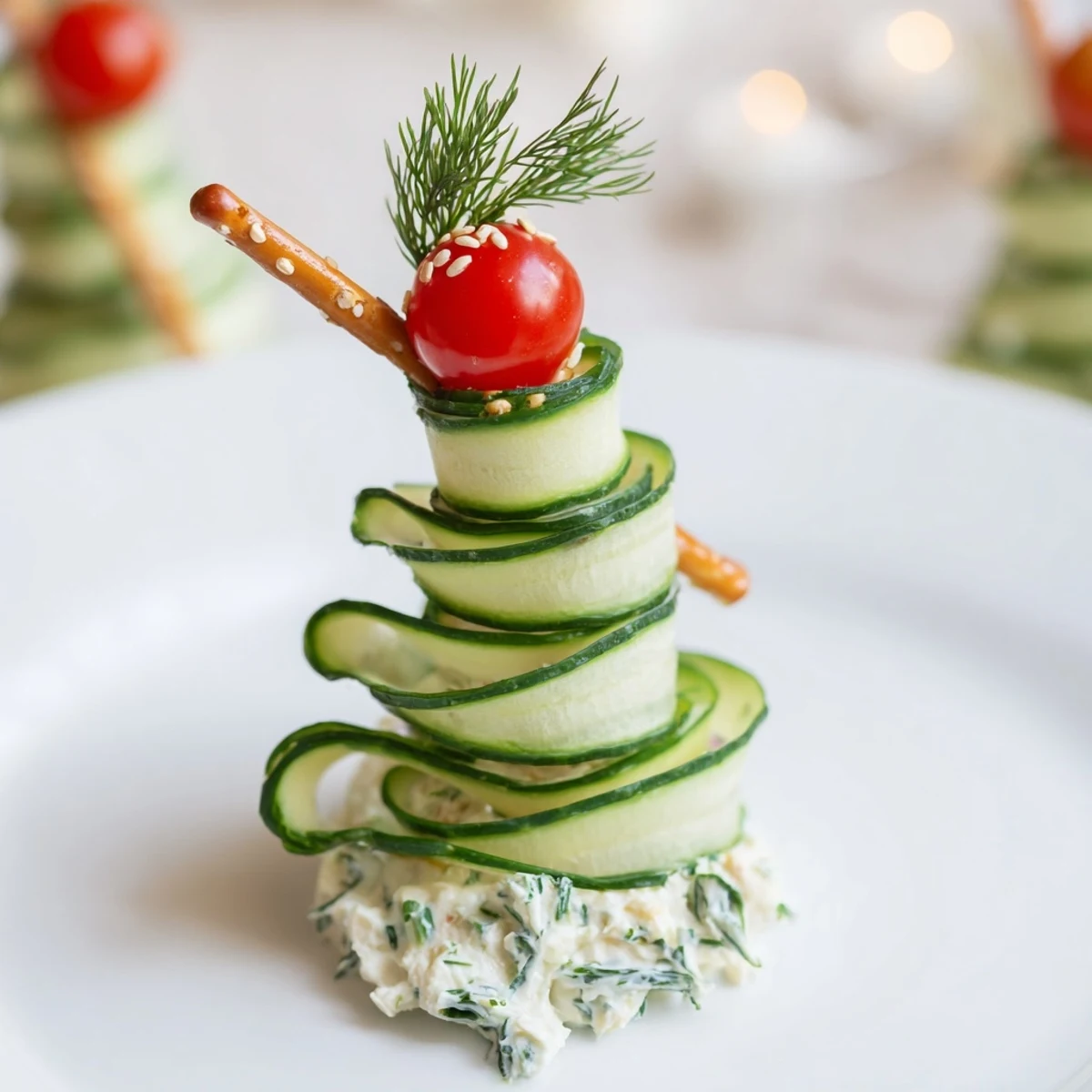 Spiral cucumber ribbon Christmas trees appetizer: Crisp cucumber ribbons with creamy cheese, a festive holiday treat.