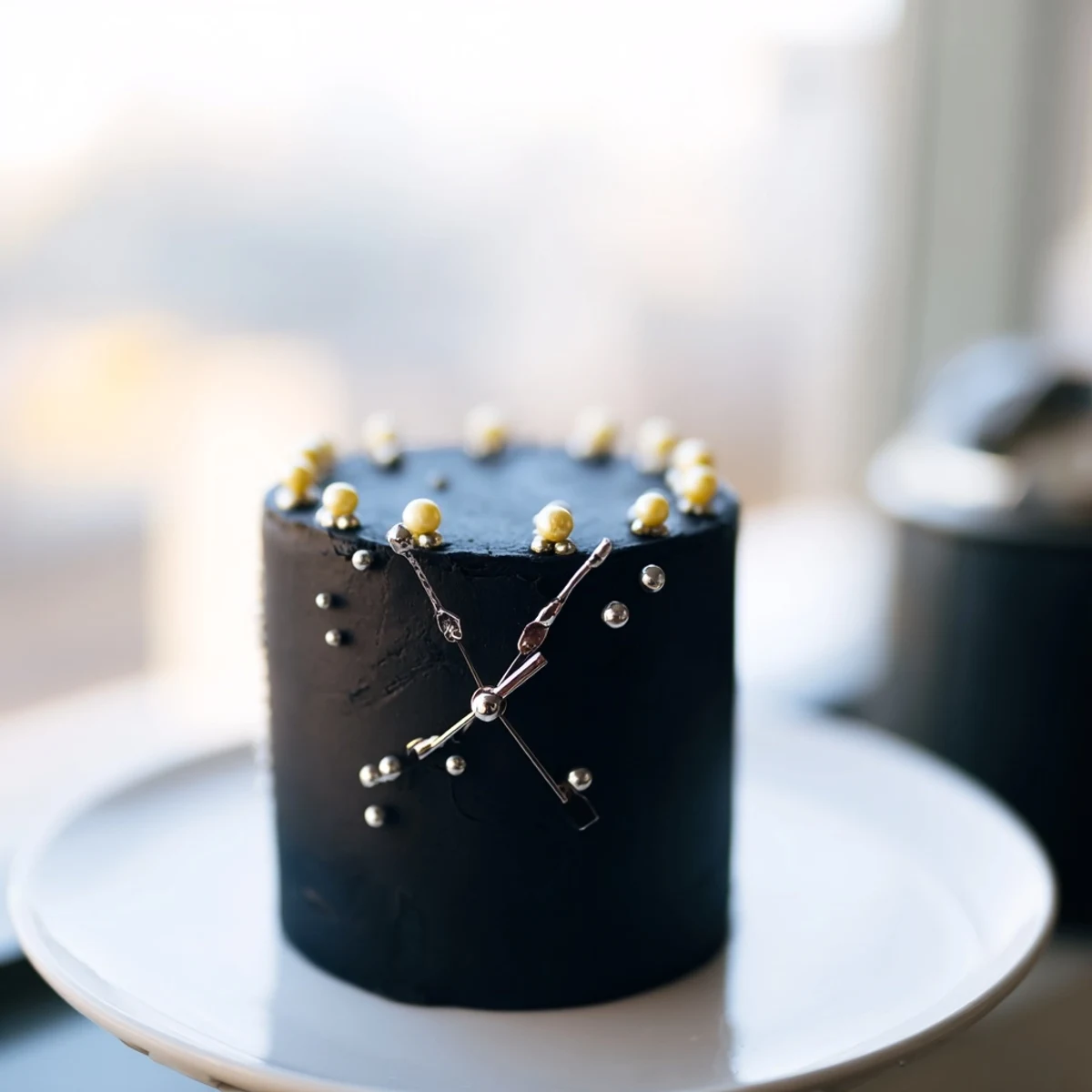 Festive Countdown Clock Mini Desserts iced with black frosting and gold accents for a New Year's Eve treat.