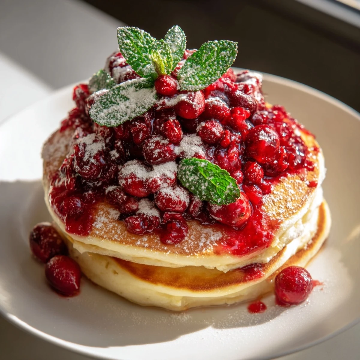 A beautifully arranged Brunch Board features a stack of pancakes crowned with a rich red berry compote.