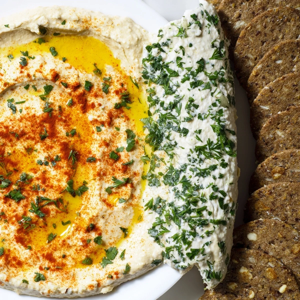 A vibrant close-up shows Easy Dips: hummus and yogurt dips separated by a cracker divider.