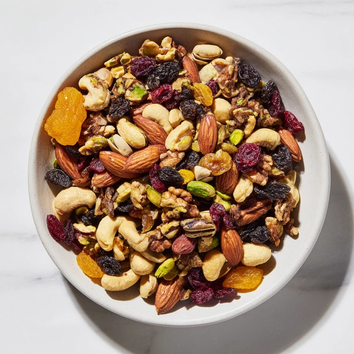A vibrant pile of Easy Party Assorted Nuts and Dried Fruit, ready for a delightful snack.