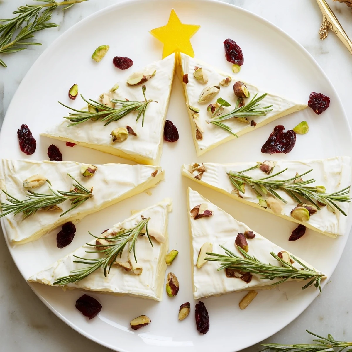 Delicious Simple Brie Triangle Cheese Tree: a stunning appetizer ready to serve with honey and fresh rosemary sprigs.