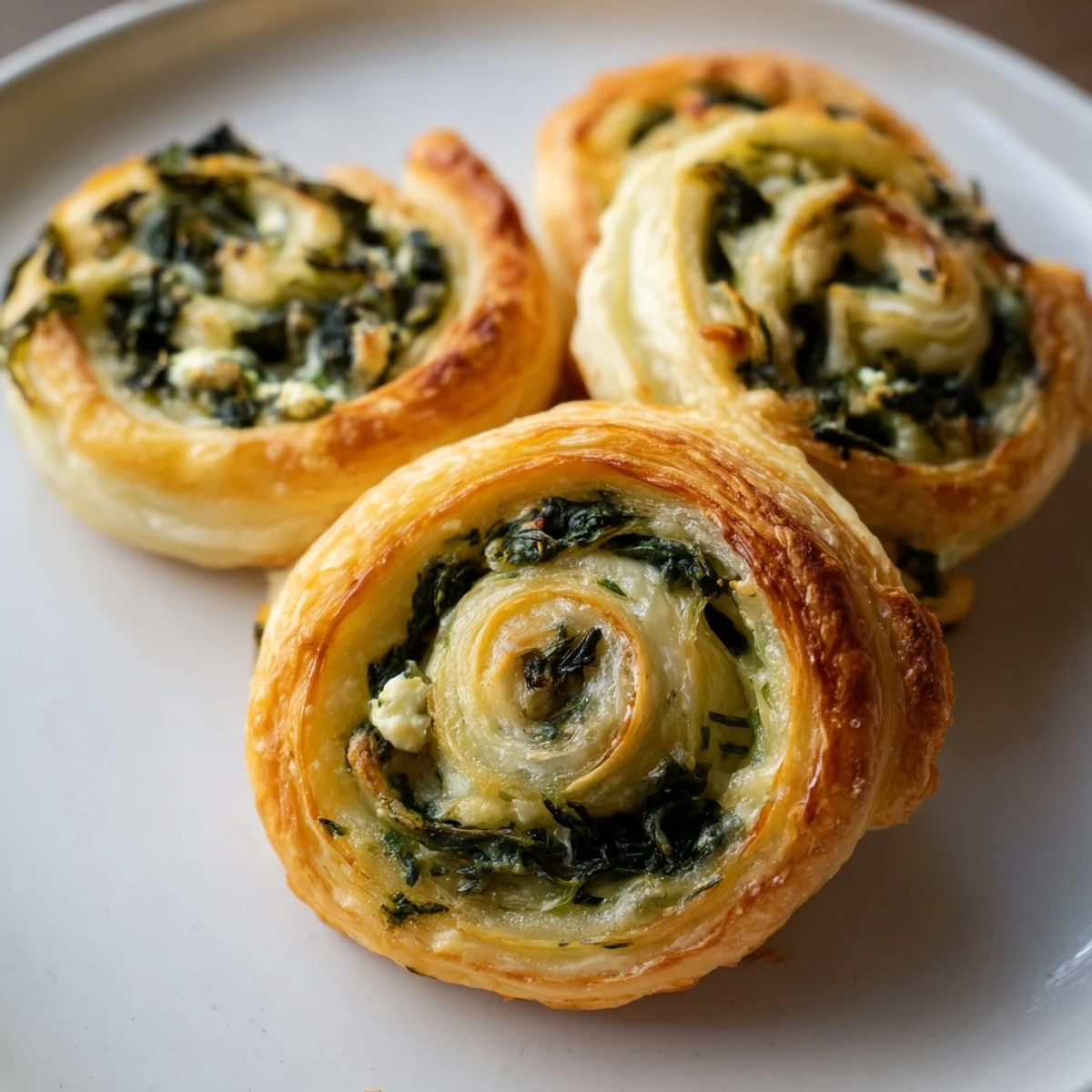 Golden, baked savory spinach feta pinwheel spirals, ready to eat and filled with creamy cheese.