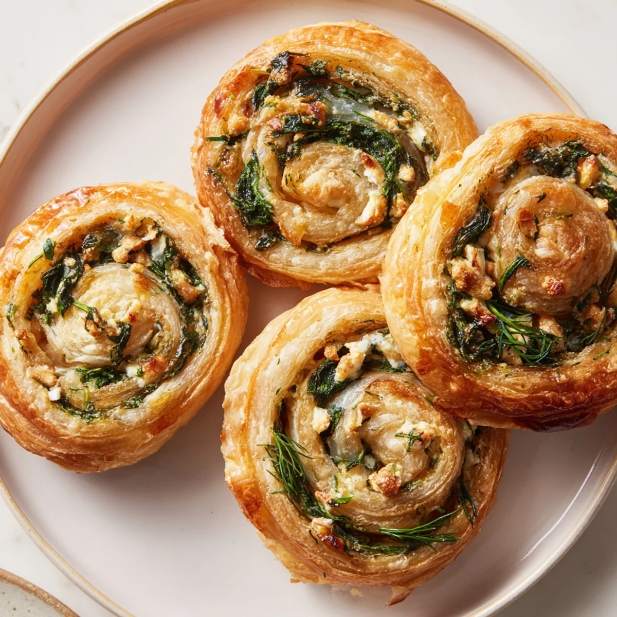 A close-up of flaky, oven-fresh spinach feta pinwheel spirals, perfect for a Mediterranean appetizer.