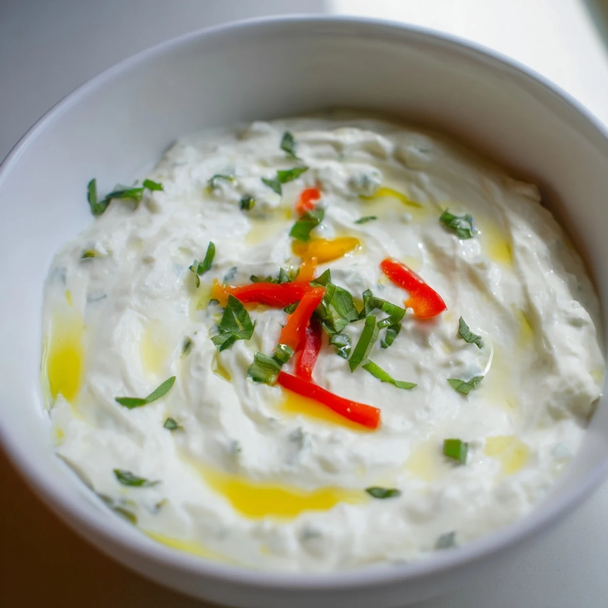 Crisp bell pepper strips arranged neatly with a creamy Greek yogurt dip, perfect for dipping.