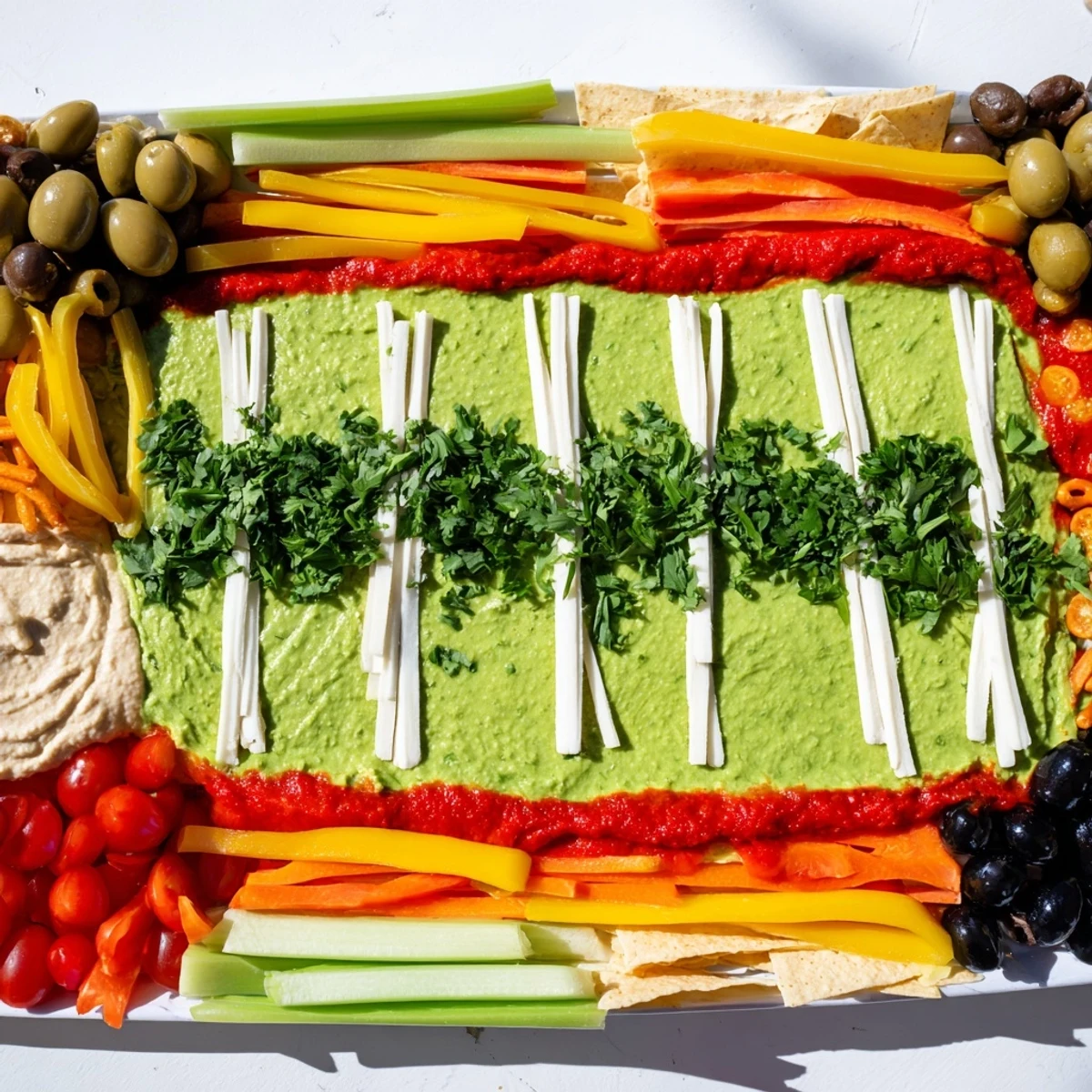 A fabulous Game Day Football Field Snack Board with vibrant green "turf" dip, ready to serve.