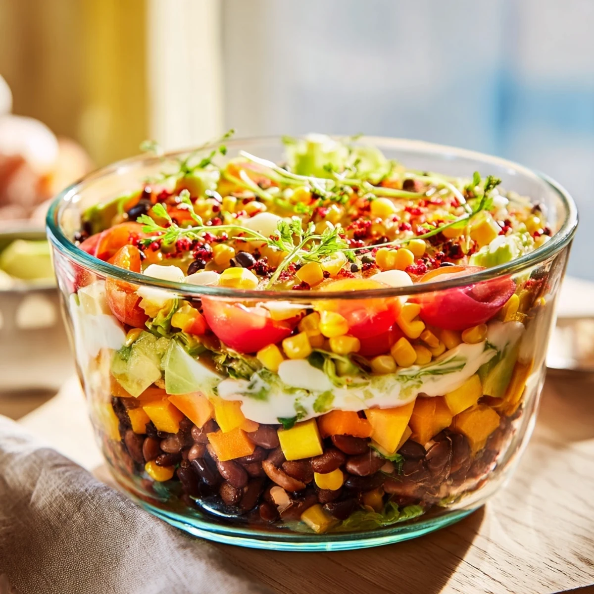 Southwest Sunset Palette salad features vibrant layers including cheese and black beans.
