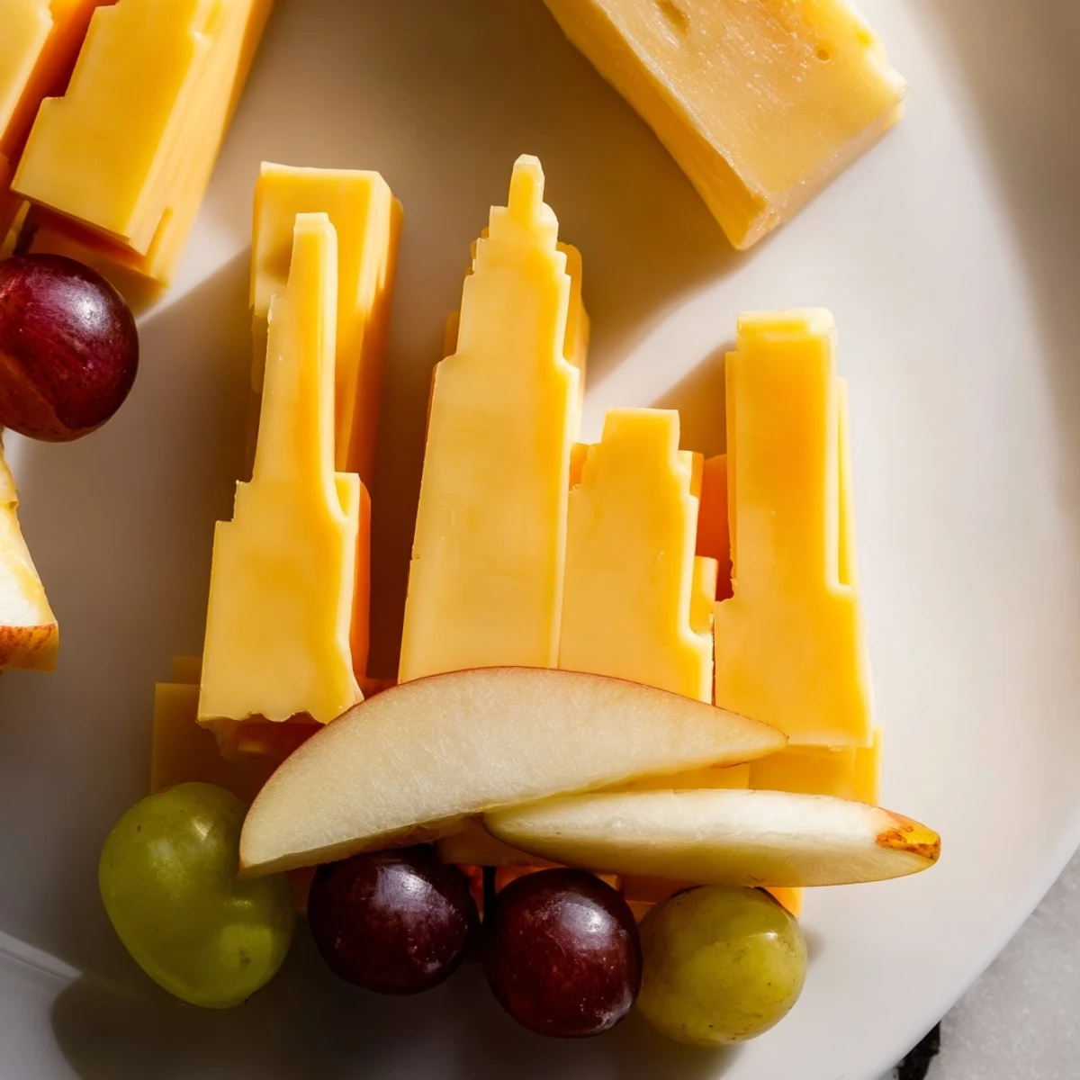 Delicious Skyline Silhouette cheese platter, featuring cheddar, Gruyère, and more arranged into iconic buildings.