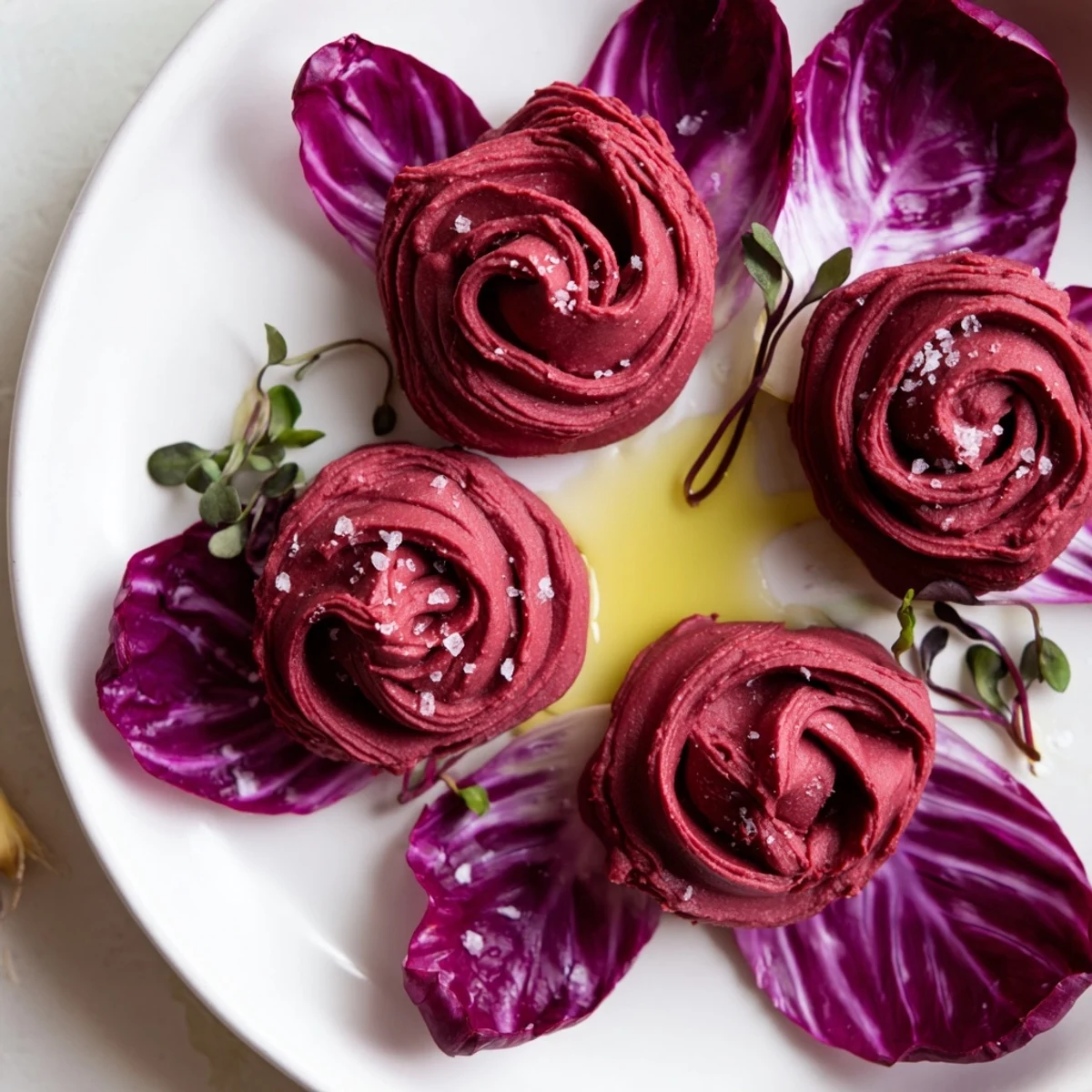 Mediterranean-inspired The Velvet Rose appetizer offering a visually stunning presentation with colorful, fresh ingredients.