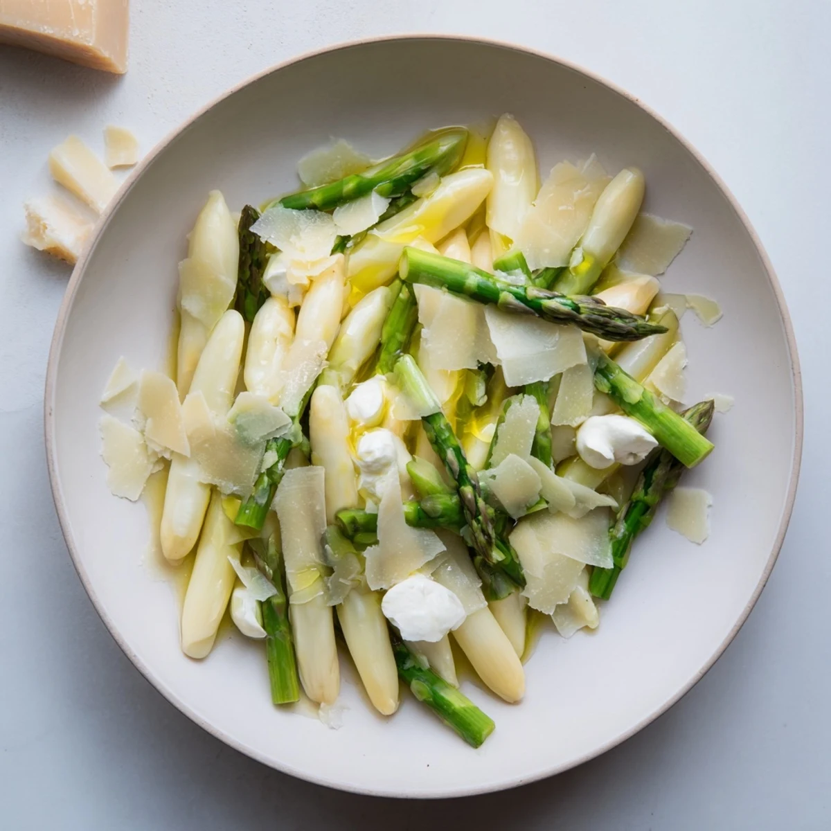 Close up focusing on a beautiful The Silver Birch: white asparagus and cheese with truffle, a stunning vegetarian appetizer.