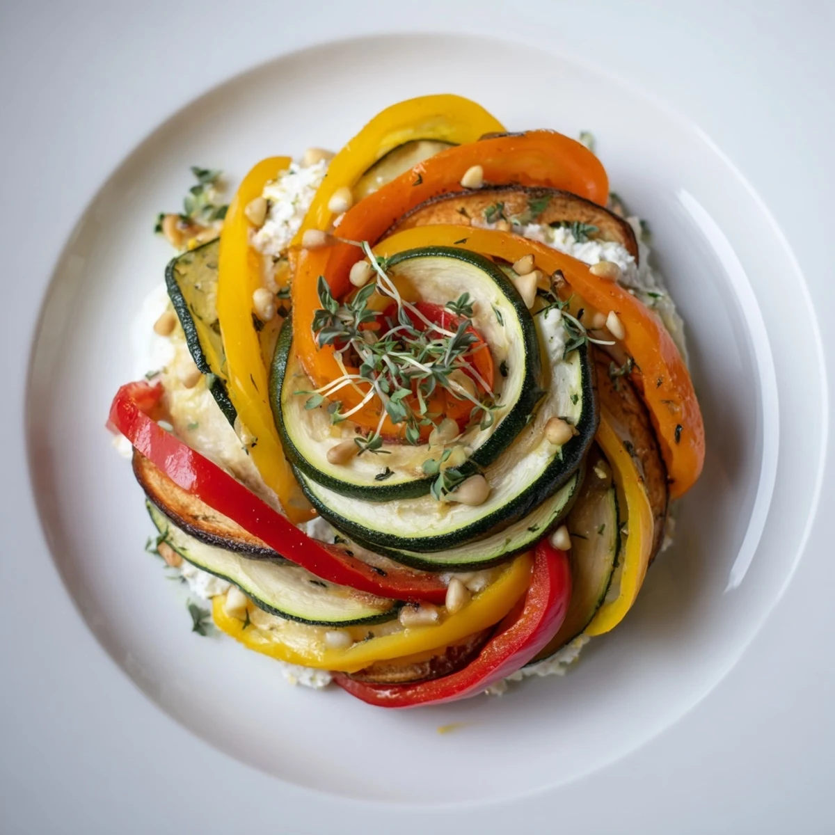 Vibrant The Snail Shell Spiral appetizer featuring colorful, roasted vegetables layered with creamy goat cheese.