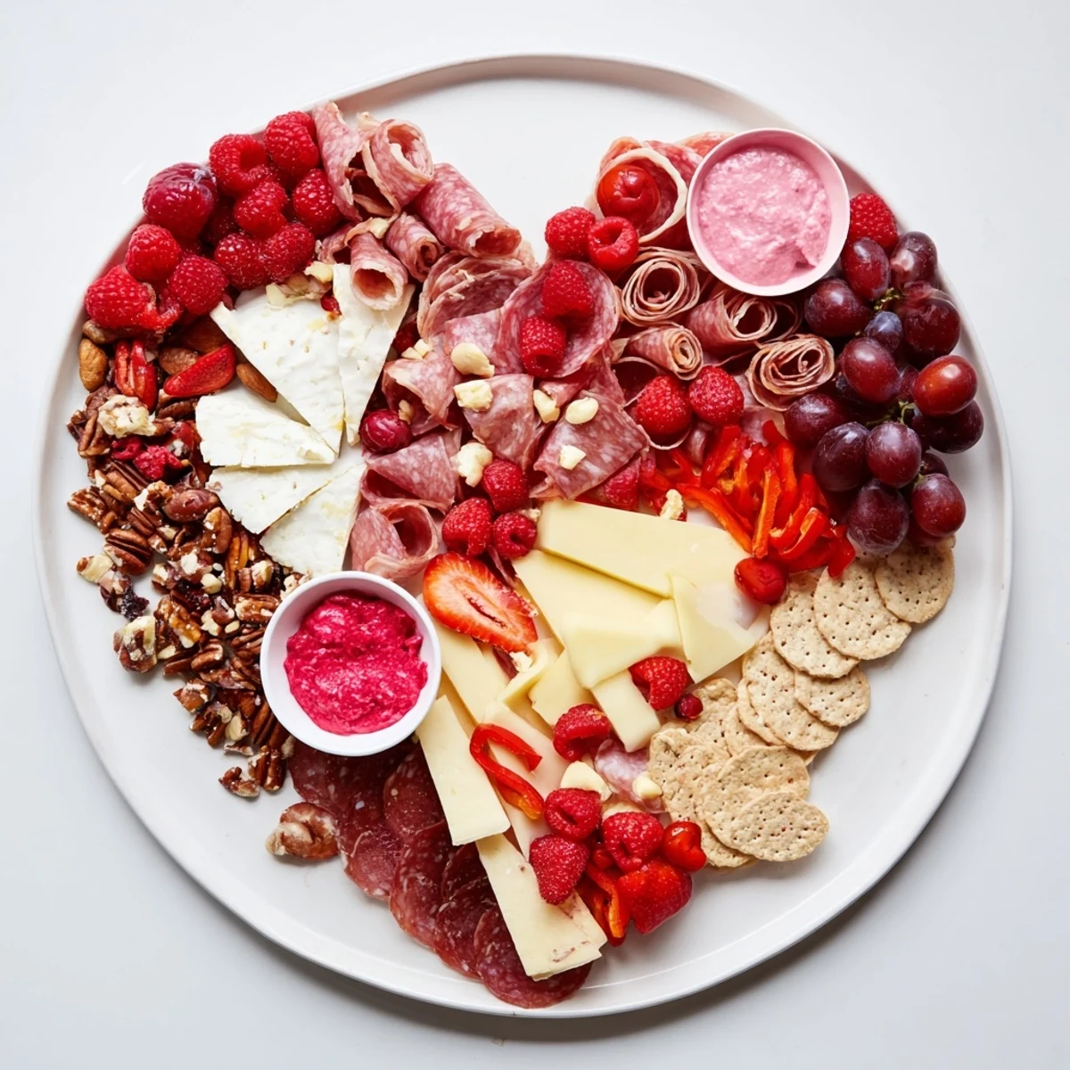 Gorgeous Heart of Romance Board overflowing with fresh fruits, cheese, and meats for sharing.