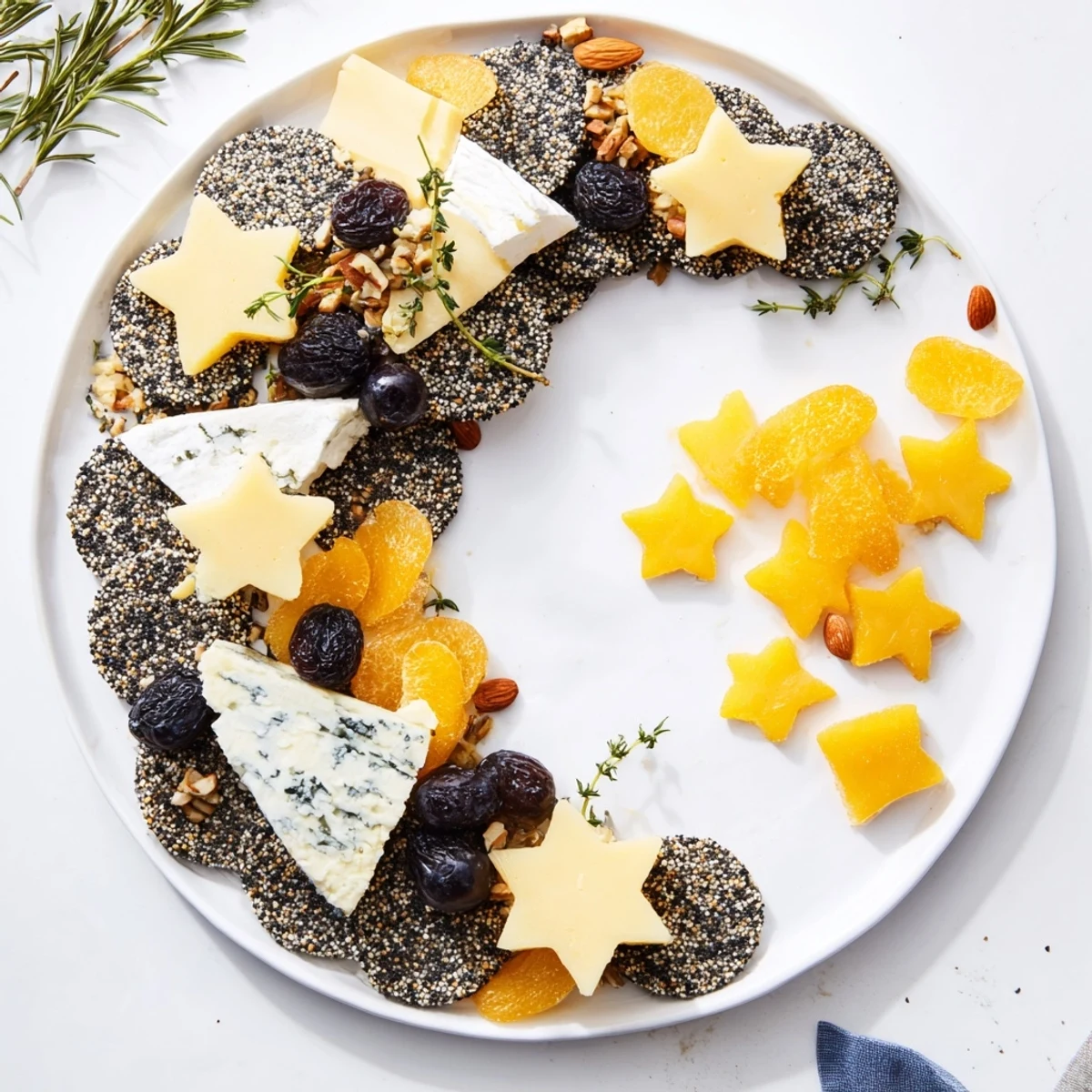 Serve this festive Crescent Moon & Stars Cheese Board, featuring creamy brie and vibrant grapes.