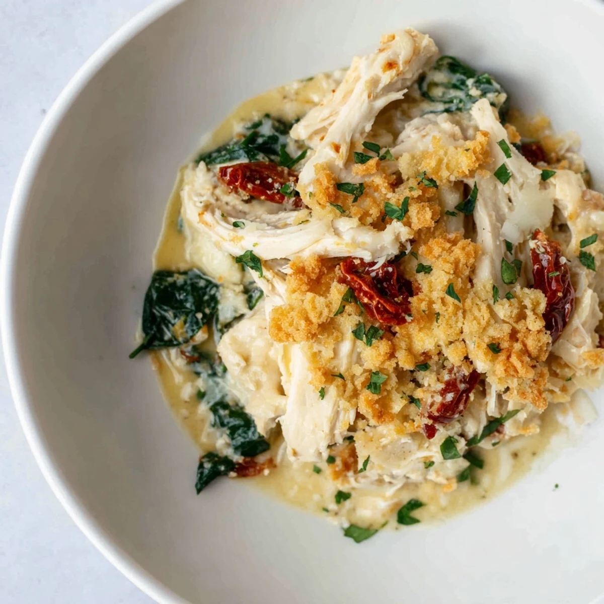 Golden-topped Marry Me Chicken Casserole with a perfect blend of chicken and savory ingredients, served hot.