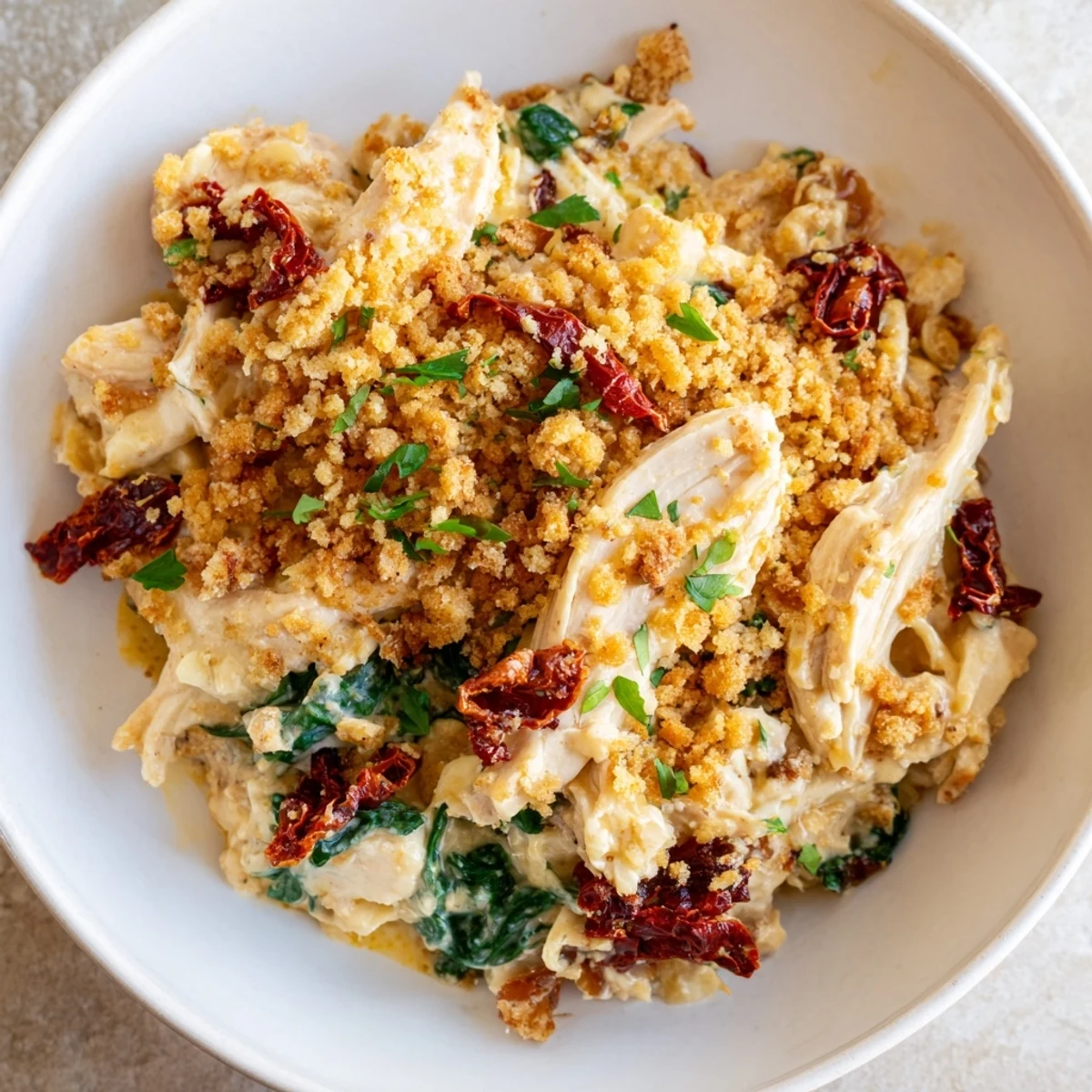A close-up of a creamy, flavorful Marry Me Chicken Casserole with visible sun-dried tomatoes and juicy chicken.
