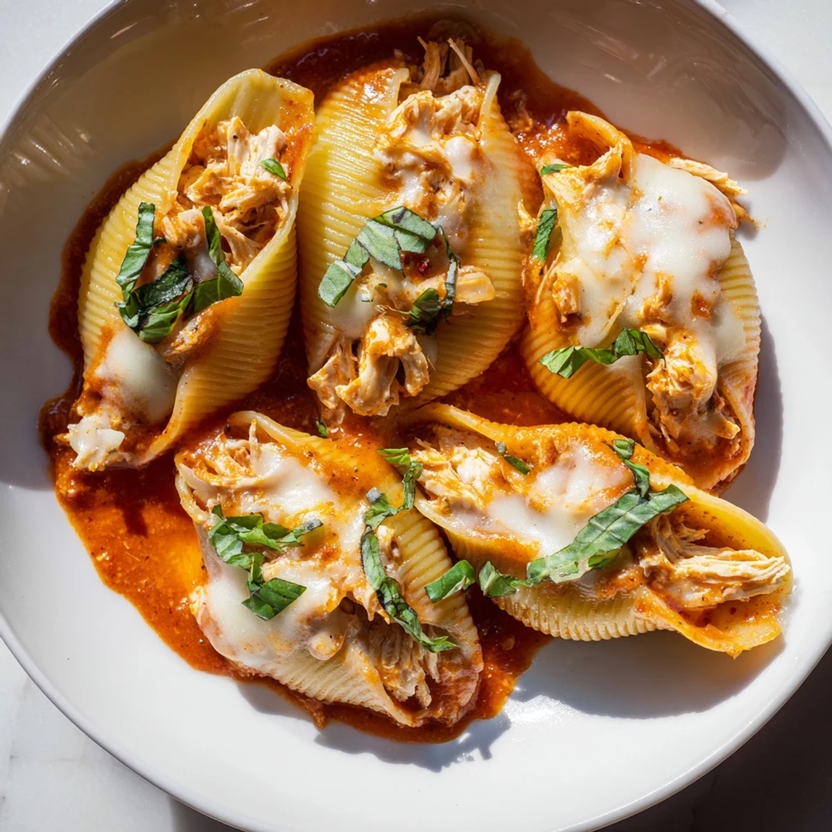Golden-brown baked Marry Me Chicken Stuffed Shells, a creamy, cheesy Italian-American comforting dinner idea.
