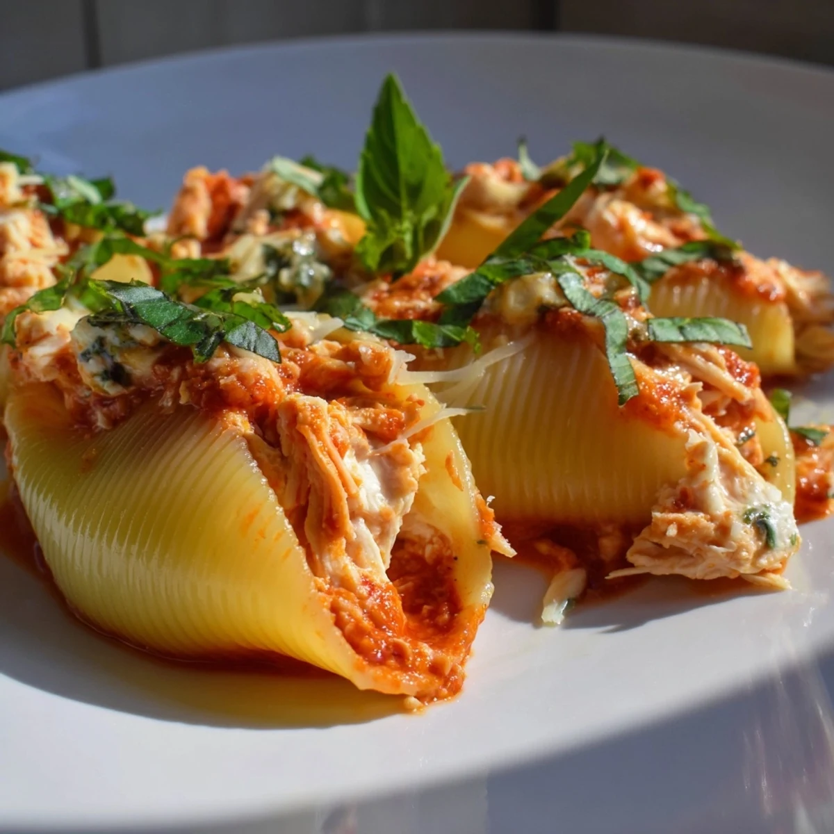 A baking dish filled with bubbling Marry Me Chicken Stuffed Shells, garnished with fresh basil offering wonderful flavor.