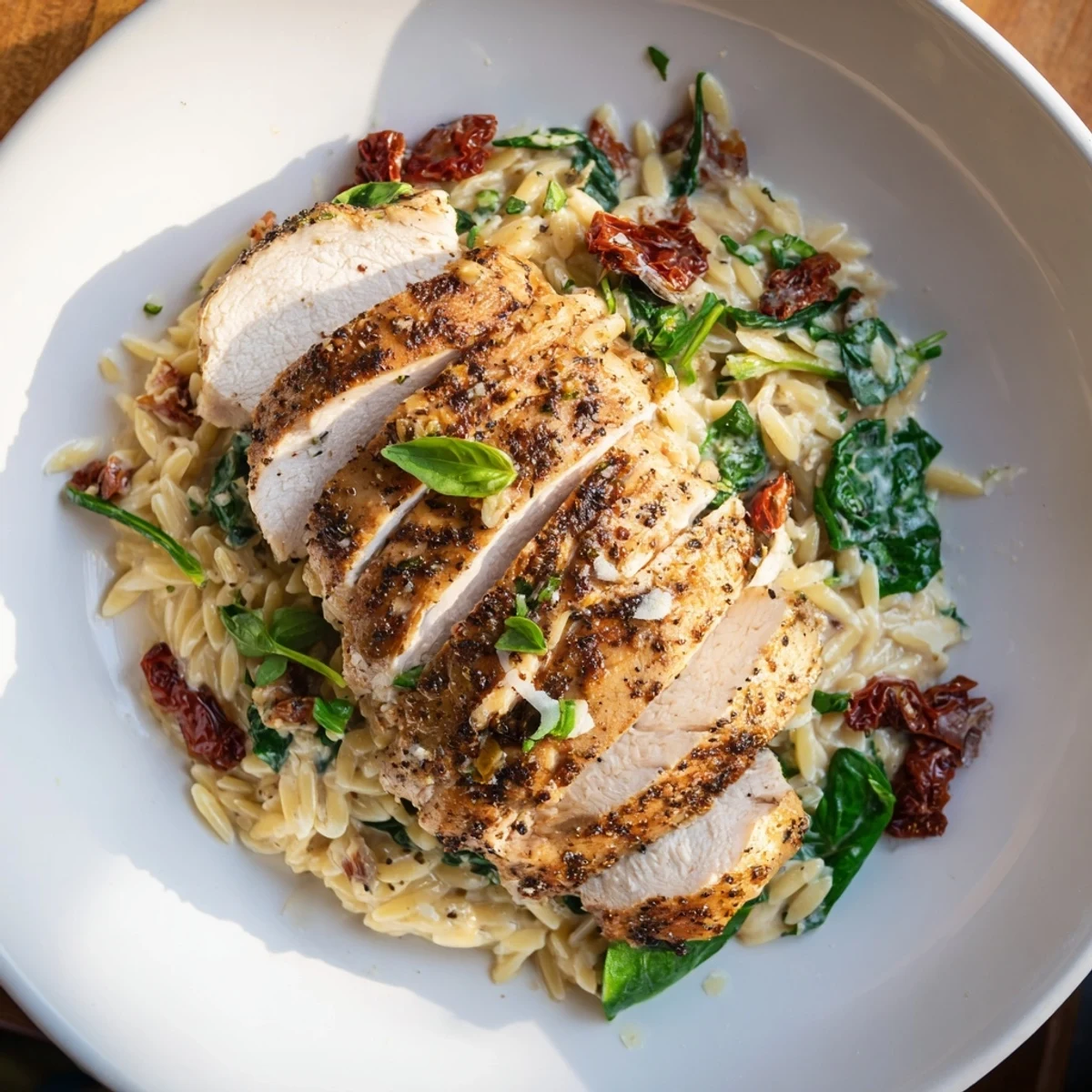 Golden-brown Marry Me Chicken Orzo with creamy sauce, fresh basil, and parmesan cheese for dinner.